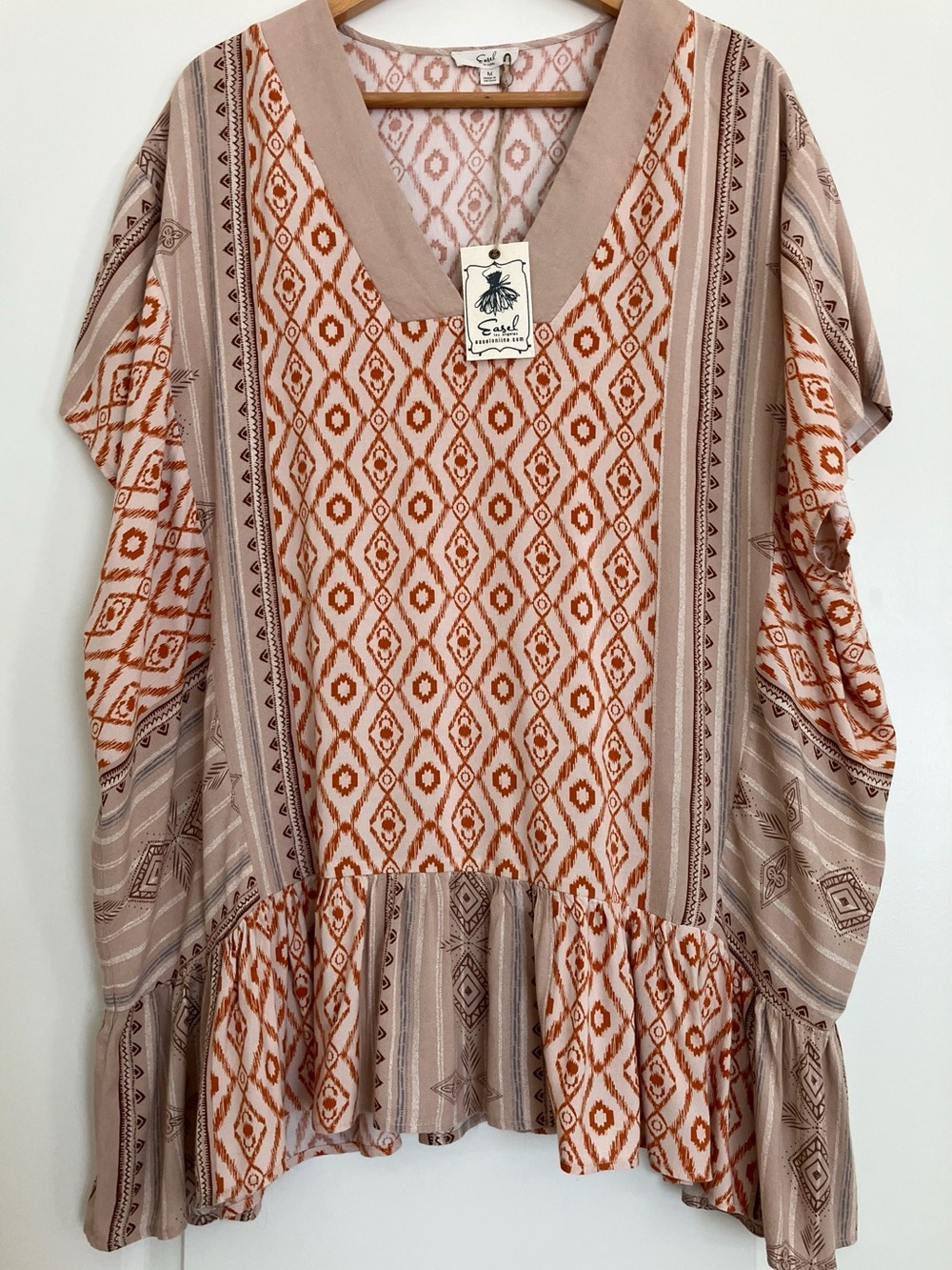 Easel Rust and Tan Diamond-Print Peplum Top M